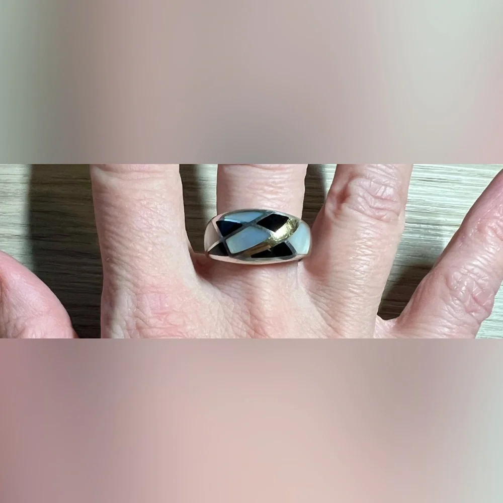 Eric Grossbardt Sterling Silver & 18K Gold MOP & Onyx Inlay Band Ring, Size 8.5